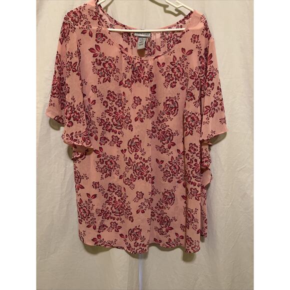 Catherines Womens Blouse 1X 18/20 Semi Sheer Boho Pink Floral Butterfly Sleeve - Picture 2 of 11